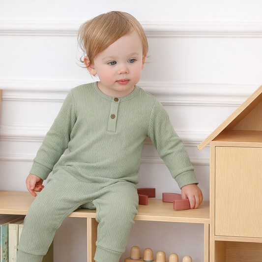 Baby Ribbed Long-Sleeve Button Up Jumpsuit Olive Green - Oolaa